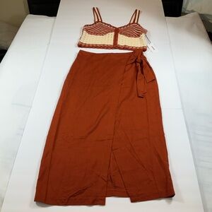 Jason Wu Women Brown & Cream Crop Top & Wrap Midi Skirt Set Size 10 MSRP $325